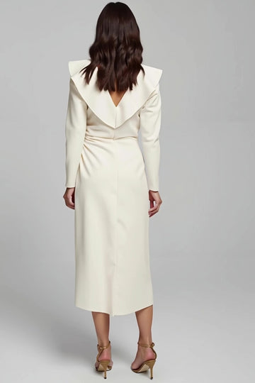 V-Neck Sheath Ivory Long Sleeve Midi Dress